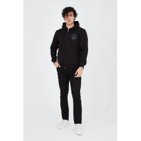 Erkek 3 İplik Pamuklu Fermuarlı Kapüşonlu Kanguru Cepli Baskılı Hoodie Hırka Sweatshirt - Siyah