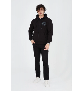 Erkek 3 İplik Pamuklu Fermuarlı Kapüşonlu Kanguru Cepli Baskılı Hoodie Hırka Sweatshirt - Siyah