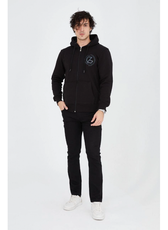 Erkek 3 İplik Pamuklu Fermuarlı Kapüşonlu Kanguru Cepli Baskılı Hoodie Hırka Sweatshirt - Siyah