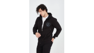 Erkek 3 İplik Pamuklu Fermuarlı Kapüşonlu Kanguru Cepli Baskılı Hoodie Hırka Sweatshirt - Siyah