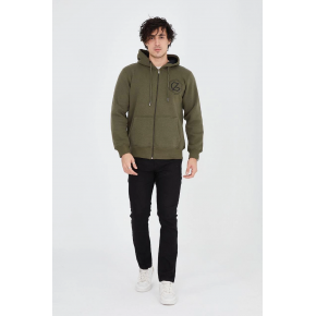 Erkek 3 İplik Pamuklu Fermuarlı Kapüşonlu Kanguru Cepli Baskılı Hoodie Hırka Sweatshirt - Yeşil