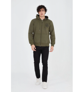 Erkek 3 İplik Pamuklu Fermuarlı Kapüşonlu Kanguru Cepli Baskılı Hoodie Hırka Sweatshirt - Yeşil