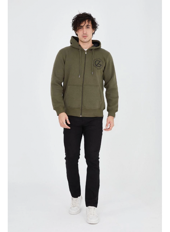 Erkek 3 İplik Pamuklu Fermuarlı Kapüşonlu Kanguru Cepli Baskılı Hoodie Hırka Sweatshirt - Yeşil