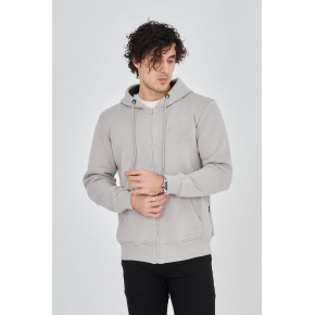 Erkek 3 İplik Pamuklu Fermuarlı Kapüşonlu Kanguru Cepli Hoodie Hırka Sweatshirt - Boyalı Gri