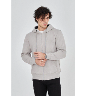 Erkek 3 İplik Pamuklu Fermuarlı Kapüşonlu Kanguru Cepli Hoodie Hırka Sweatshirt - Boyalı Gri