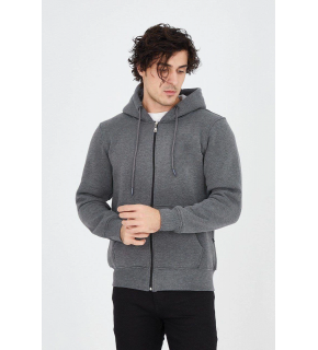 Erkek 3 İplik Pamuklu Fermuarlı Kapüşonlu Kanguru Cepli Hoodie Hırka Sweatshirt - Füme