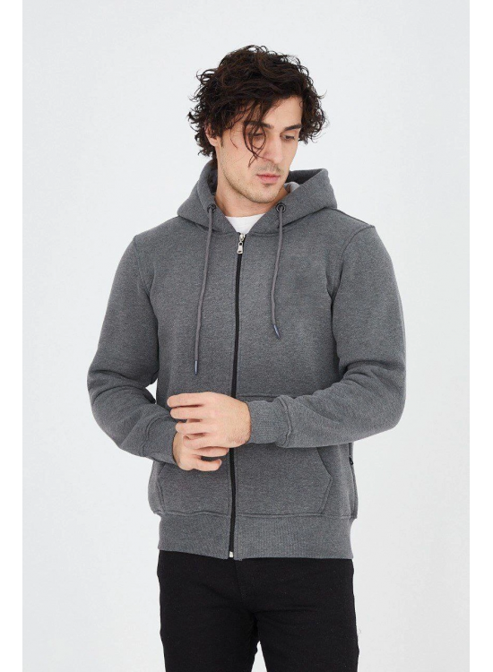 Erkek 3 İplik Pamuklu Fermuarlı Kapüşonlu Kanguru Cepli Hoodie Hırka Sweatshirt - Füme Erkek 3 İplik Pamuklu Fermuarlı Kapüşonlu Kanguru Cepli Hoodie Hırka Sweatshirt - Füme