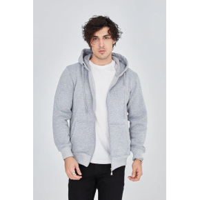 Erkek 3 İplik Pamuklu Fermuarlı Kapüşonlu Kanguru Cepli Hoodie Hırka Sweatshirt - Gri