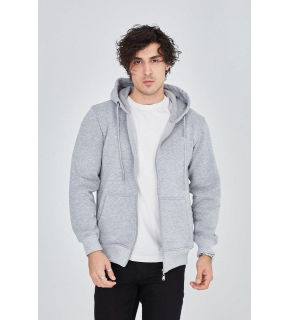 Erkek 3 İplik Pamuklu Fermuarlı Kapüşonlu Kanguru Cepli Hoodie Hırka Sweatshirt - Gri