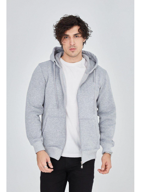 Erkek 3 İplik Pamuklu Fermuarlı Kapüşonlu Kanguru Cepli Hoodie Hırka Sweatshirt - Gri