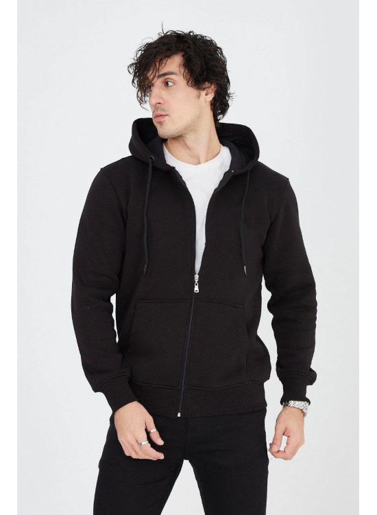 Erkek 3 İplik Pamuklu Fermuarlı Kapüşonlu Kanguru Cepli Hoodie Hırka Sweatshirt - Siyah