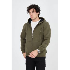 Erkek 3 İplik Pamuklu Fermuarlı Kapüşonlu Kanguru Cepli Hoodie Hırka Sweatshirt - Yeşil