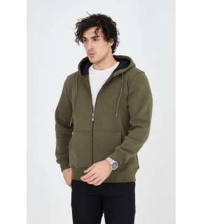 Erkek 3 İplik Pamuklu Fermuarlı Kapüşonlu Kanguru Cepli Hoodie Hırka Sweatshirt - Yeşil