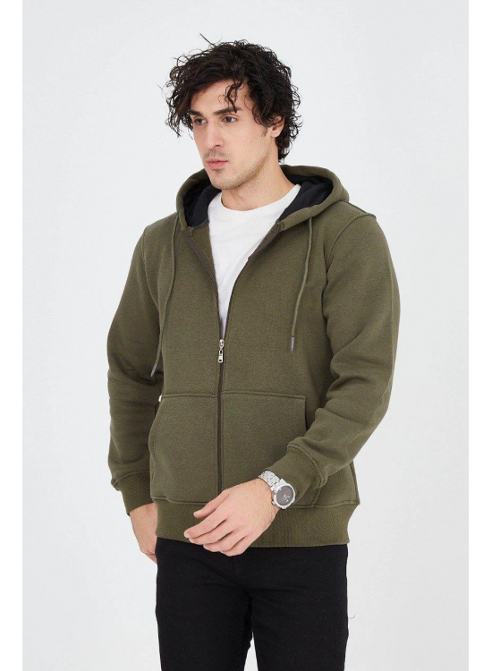 Erkek 3 İplik Pamuklu Fermuarlı Kapüşonlu Kanguru Cepli Hoodie Hırka Sweatshirt - Yeşil