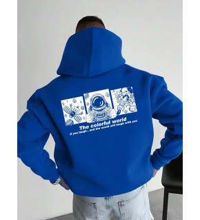 Erkek Baskılı Kapüşonlu Cepli Hoodie 3 İplik Pamuklu Sweatshirt - Saks Mavisi