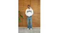 Erkek Kapüşonlu 3 İplik Şardonlu Önü Baskılı Fermuarlı Oversize Sweatshirt - Beyaz Erkek Kapüşonlu 3 İplik Şardonlu Önü Baskılı Fermuarlı Oversize Sweatshirt - Beyaz
