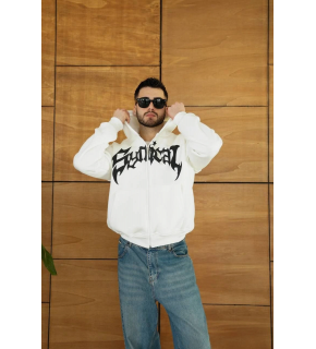 Erkek Kapüşonlu 3 İplik Şardonlu Önü Baskılı Fermuarlı Oversize Sweatshirt - Beyaz