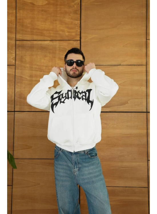 Erkek Kapüşonlu 3 İplik Şardonlu Önü Baskılı Fermuarlı Oversize Sweatshirt - Beyaz Erkek Kapüşonlu 3 İplik Şardonlu Önü Baskılı Fermuarlı Oversize Sweatshirt - Beyaz