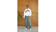 Erkek Kapüşonlu 3 İplik Şardonlu Önü Baskılı Fermuarlı Oversize Sweatshirt - Beyaz Erkek Kapüşonlu 3 İplik Şardonlu Önü Baskılı Fermuarlı Oversize Sweatshirt - Beyaz