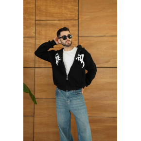 Erkek Kapüşonlu 3 İplik Şardonlu Önü Baskılı Fermuarlı Oversize Sweatshirt - Siyah
