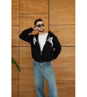 Erkek Kapüşonlu 3 İplik Şardonlu Önü Baskılı Fermuarlı Oversize Sweatshirt - Siyah