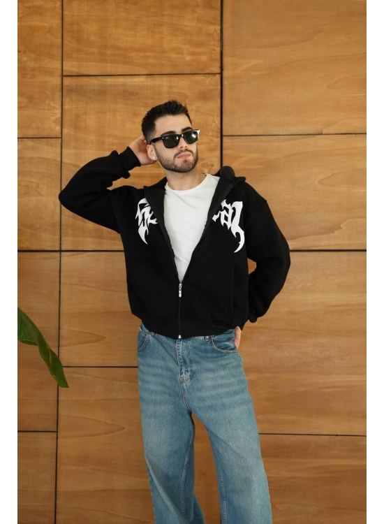 Erkek Kapüşonlu 3 İplik Şardonlu Önü Baskılı Fermuarlı Oversize Sweatshirt - Siyah Erkek Kapüşonlu 3 İplik Şardonlu Önü Baskılı Fermuarlı Oversize Sweatshirt - Siyah