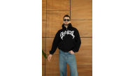 Erkek Kapüşonlu 3 İplik Şardonlu Önü Baskılı Fermuarlı Oversize Sweatshirt - Siyah Erkek Kapüşonlu 3 İplik Şardonlu Önü Baskılı Fermuarlı Oversize Sweatshirt - Siyah