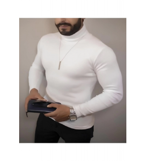 Erkek Kaşkorse Boğazlı Full Likralı Fitilli Body Kazak - Beyaz