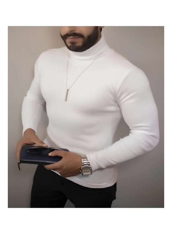Erkek Kaşkorse Boğazlı Full Likralı Fitilli Body Kazak - Beyaz Erkek Kaşkorse Boğazlı Full Likralı Fitilli Body Kazak - Beyaz