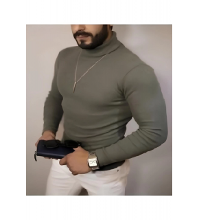 Erkek Kaşkorse Boğazlı Full Likralı Fitilli Body Kazak - Haki