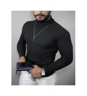 Erkek Kaşkorse Boğazlı Full Likralı Fitilli Body Kazak - Siyah