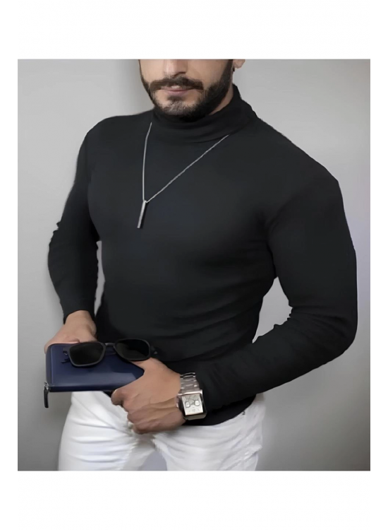 Erkek Kaşkorse Boğazlı Full Likralı Fitilli Body Kazak - Siyah