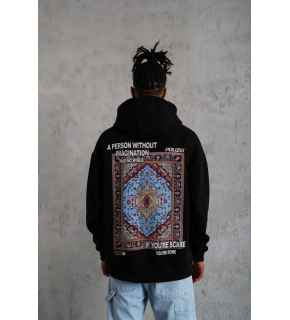 Erkek 3 İplik Pamuklu Kapüşonlu Baskılı Cepli Oversize Sweatshirt Hoodie - Siyah