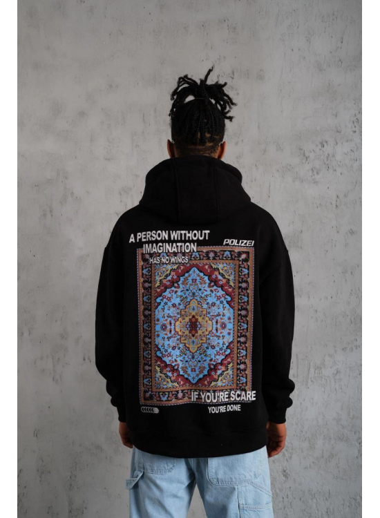 Erkek 3 İplik Pamuklu Kapüşonlu Baskılı Cepli Oversize Sweatshirt Hoodie - Siyah