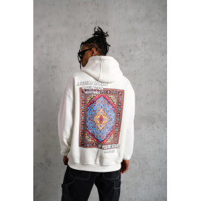 Erkek 3 İplik Pamuklu Kapüşonlu Baskılı Cepli Oversize Sweatshirt Hoodie - Beyaz