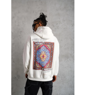 Erkek 3 İplik Pamuklu Kapüşonlu Baskılı Cepli Oversize Sweatshirt Hoodie - Beyaz