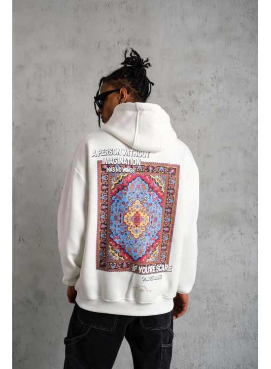 Erkek 3 İplik Pamuklu Kapüşonlu Baskılı Cepli Oversize Sweatshirt Hoodie - Beyaz Erkek 3 İplik Pamuklu Kapüşonlu Baskılı Cepli Oversize Sweatshirt Hoodie - Beyaz