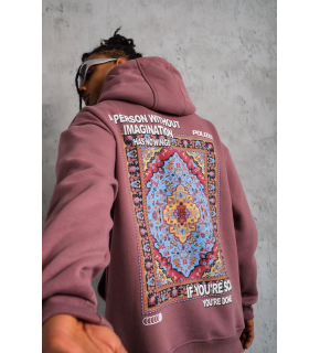 Erkek 3 İplik Pamuklu Kapüşonlu Baskılı Cepli Sweatshirt Hoodie - Gül Kurusu