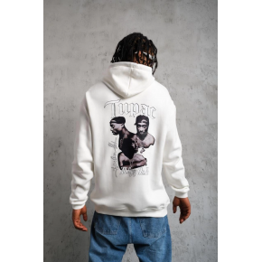 Erkek 3 İplik Pamuklu Kapüşonlu Baskılı Cepli Oversize Sweatshirt Hoodie - Beyaz