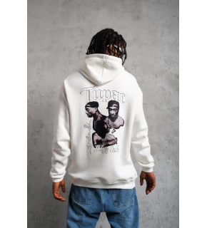 Erkek Kapüşonlu Kanguru Cepli Sweatshirt 3 İplik Pamuklu Baskılı Hoodie - Beyaz