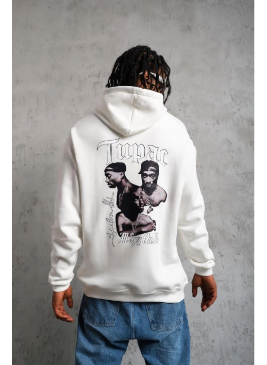 Erkek 3 İplik Pamuklu Kapüşonlu Baskılı Cepli Oversize Sweatshirt Hoodie - Beyaz Erkek 3 İplik Pamuklu Kapüşonlu Baskılı Cepli Oversize Sweatshirt Hoodie - Beyaz
