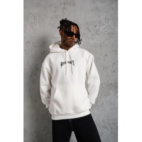 Erkek 3 İplik Pamuklu Baskılı Kapüşonlu Cepli Sweatshirt Hoodie - Beyaz
