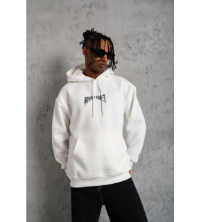 Erkek 3 İplik Pamuklu Baskılı Kapüşonlu Cepli Sweatshirt Hoodie - Beyaz