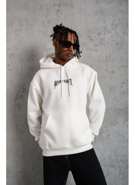Erkek 3 İplik Pamuklu Baskılı Kapüşonlu Cepli Sweatshirt Hoodie - Beyaz