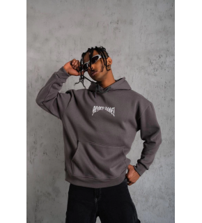 Erkek 3 İplik Pamuklu Baskılı Kapüşonlu Cepli Sweatshirt Hoodie - Füme