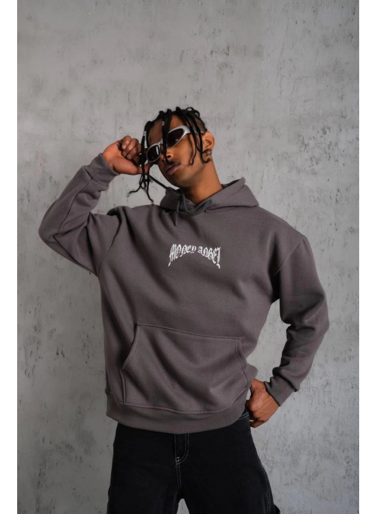 Erkek 3 İplik Pamuklu Baskılı Kapüşonlu Cepli Sweatshirt Hoodie - Füme