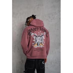 Erkek 3 İplik Pamuklu Baskılı Kapüşonlu Cepli Sweatshirt Hoodie - Gül Kurusu