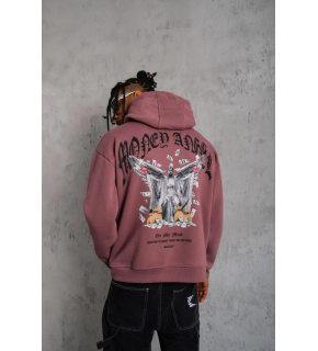 Erkek 3 İplik Pamuklu Baskılı Kapüşonlu Cepli Sweatshirt Hoodie - Gül Kurusu