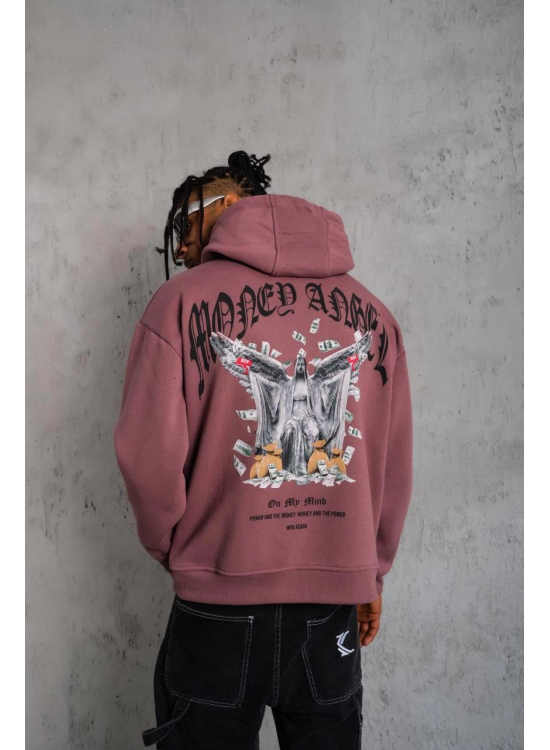 Erkek 3 İplik Pamuklu Baskılı Kapüşonlu Cepli Sweatshirt Hoodie - Gül Kurusu