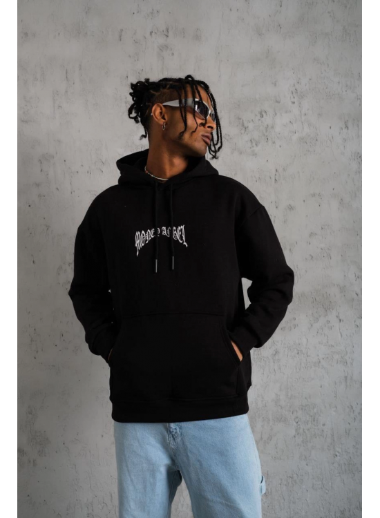 Erkek 3 İplik Pamuklu Baskılı Kapüşonlu Cepli Sweatshirt Hoodie - Siyah